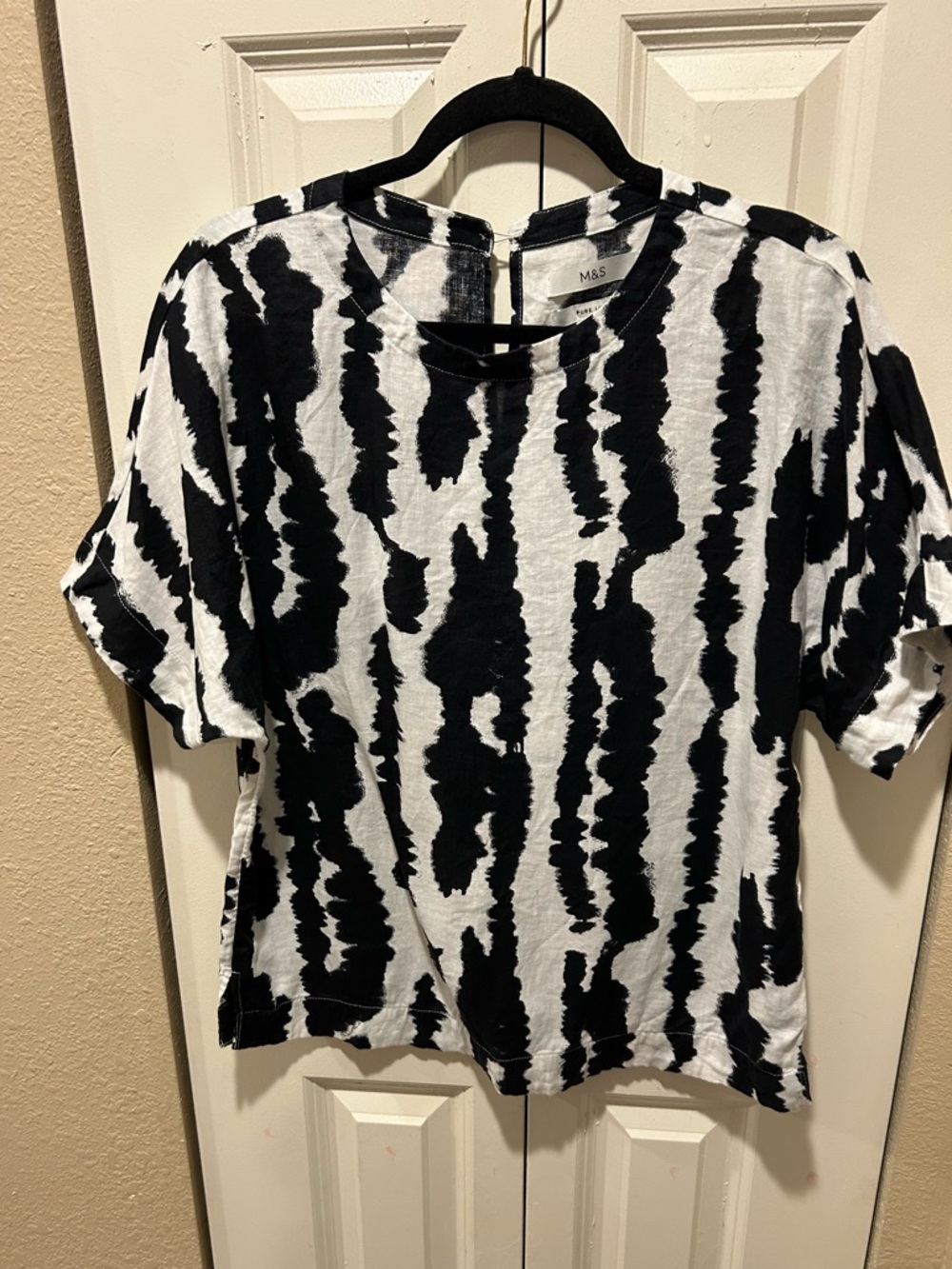 M&S Pure Linen Top Black White Combo Beachy Coastal Resort , size 10